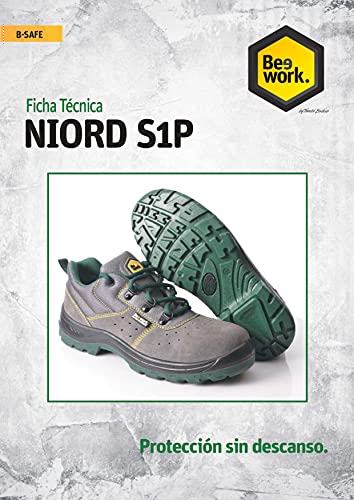 BEEWORK Zapato de Seguridad NIORD S1P SRC | Zapato de Trabajo en Piel Serraje con Puntera y Plantilla Metálicas de Seguridad · Apta para Hombre y Mujer · Color Gris - Talla 44