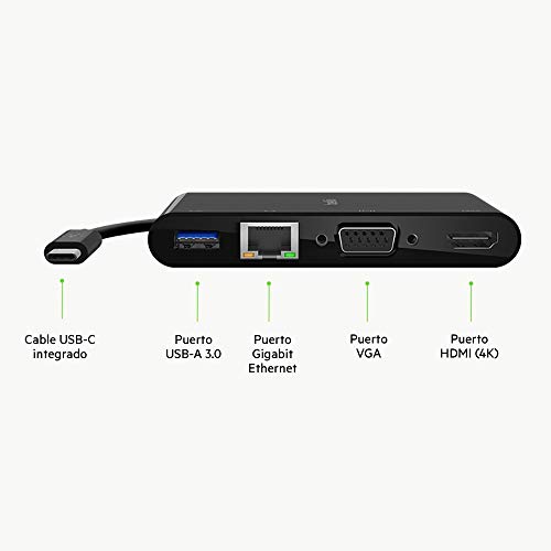 Belkin AVC005btBK - Adaptador Multimedia USB-C (hub USB-C con Puertos VGA, HDMI 4K, USB 3.0 y Ethernet, para MacBook, iPad Pro, Surface Pro, Chromebook y Otros)