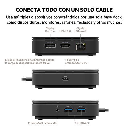 Belkin Base Dock Thunderbolt 3 estándar con Cable Thunderbolt 3 (Conector Dock Thunderbolt para Mac y Windows), Dos Pantallas 4K a 60 Hz, transferencias de 40 Gbps, Carga de Salida de 60 W