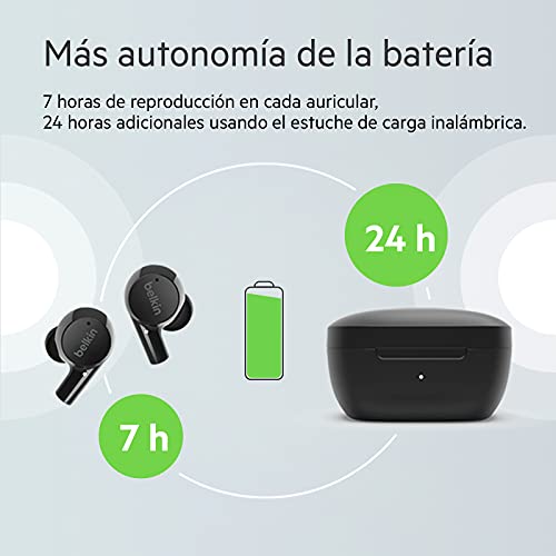 Belkin True Wireless SoundForm Rise - Auriculares con Bluetooth 5.2 y Carga inalámbrica, certificación IPX5 de Resistencia al Agua y el Sudor, Bajos potentes, Color Negro