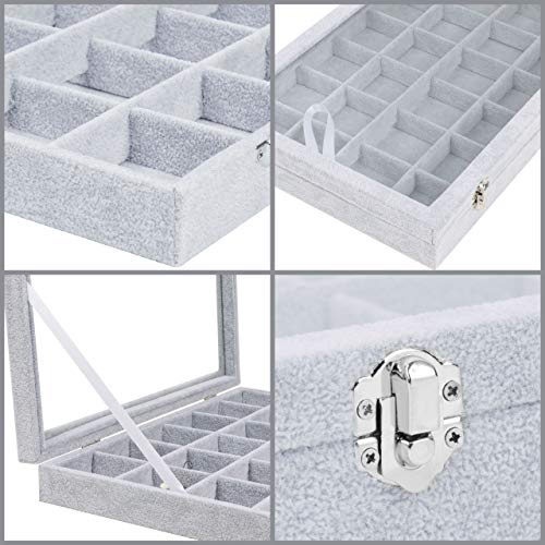 BELLE VOUS Bandeja Joyas Terciopelo Gris Expositor de Joyas 24 Secciones y Tapa de Vidrio – Organizador Joyas Cajones Apilable Secciones Ajustables para Collares, Brazaletes, Pendientes y Relojes