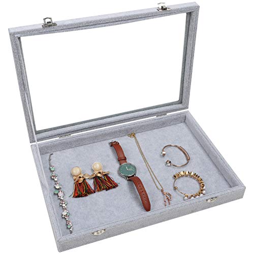 BELLE VOUS Bandeja Joyas Terciopelo Gris Expositor de Joyas Apilable con Tapa de Vidrio – Organizador Joyas Cajones con Cierre Apilable para Pendientes, Anillos, Collares y Brazaletes