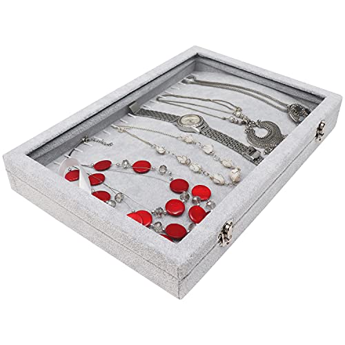 BELLE VOUS Bandeja Joyas Terciopelo Gris Expositor de Joyas Bandeja 20 Ganchos y Tapa de Vidrio con Cierre - Organizador Joyas Cajones para Collares, Brazaletes, Pendientes y Tobilleras