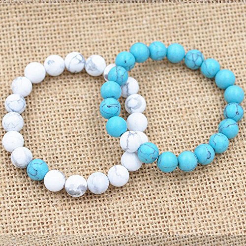 Belons Par de pulseras elásticas de 10 mm, azul y blanco, turquesa, cuentas de energía de piedras de energía, pulseras de distancia, juego de 2 unidades