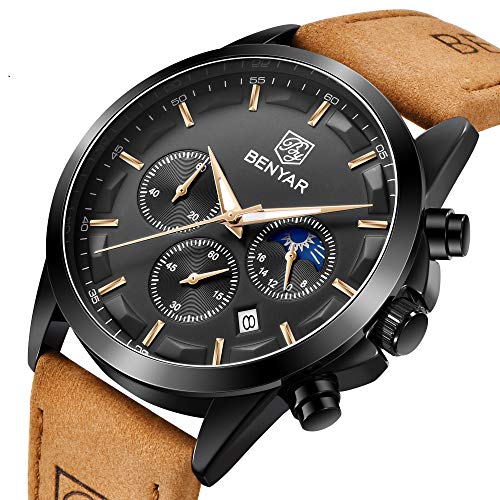 BENYAR Cronógrafo de Cuero de Moda para Lujo Relojes Impermeables de Acero Inoxidable Mapa Diseño Deportivo Reloj de Pulsera Deportivo Casual para Hombre