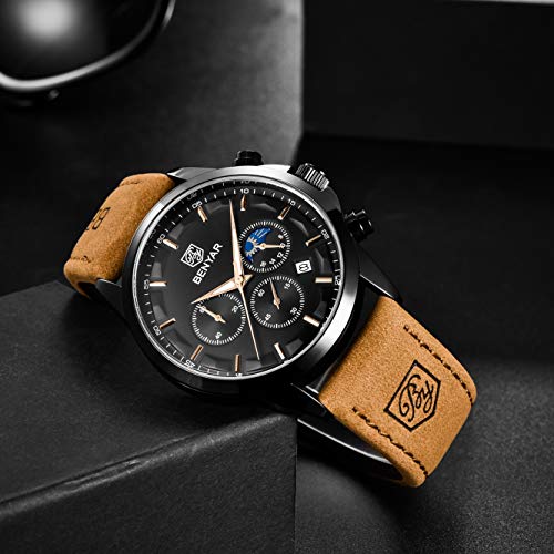 BENYAR Cronógrafo de Cuero de Moda para Lujo Relojes Impermeables de Acero Inoxidable Mapa Diseño Deportivo Reloj de Pulsera Deportivo Casual para Hombre