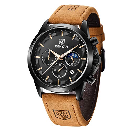 BENYAR Cronógrafo de Cuero de Moda para Lujo Relojes Impermeables de Acero Inoxidable Mapa Diseño Deportivo Reloj de Pulsera Deportivo Casual para Hombre