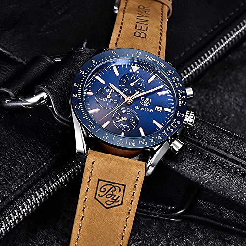 BENYAR Relojes Hombre Relojes de Pulsera Cronografo Diseñador Impermeable Reloj Hombre Banda de Cuero Analogicos Fecha de Pulsera Regalo Elegante