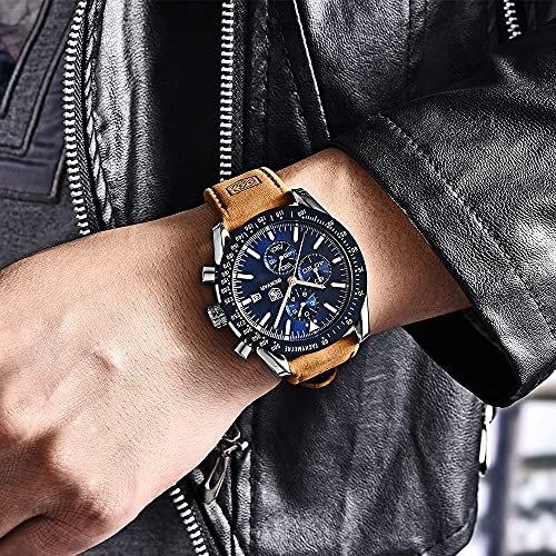 BENYAR Relojes Hombre Relojes de Pulsera Cronografo Diseñador Impermeable Reloj Hombre Banda de Cuero Analogicos Fecha de Pulsera Regalo Elegante