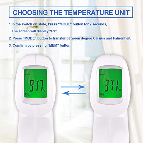 Berrcom termómetro de frente infrarrojo sin contacto, pantalla digital retroiluminada de tres colores Temperatura de lectura instantánea de bebés