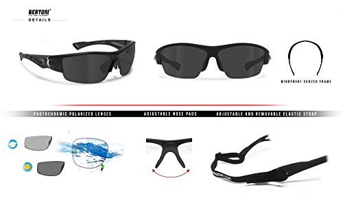 BERTONI Gafas de Sol Deportivas Fotocromaticas para Hombre Mujer Deporte Ciclismo Running Esqui MTB – Mod. 1001 (Negro - Lentes Fotocromáticas Polarizadas)