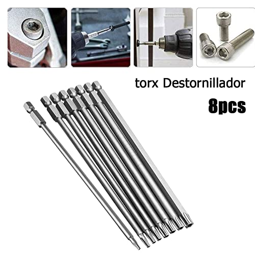 Bestgle 8 Piezas Extralargo 150mm Destornillador Torx Magnético Vástago Hexagonal de 1/4 de Pulgada Aleación de Acero T8,T10,T15,T20,T25,T27,T30,T40.