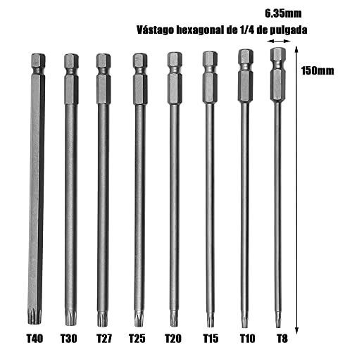 Bestgle 8 Piezas Extralargo 150mm Destornillador Torx Magnético Vástago Hexagonal de 1/4 de Pulgada Aleación de Acero T8,T10,T15,T20,T25,T27,T30,T40.