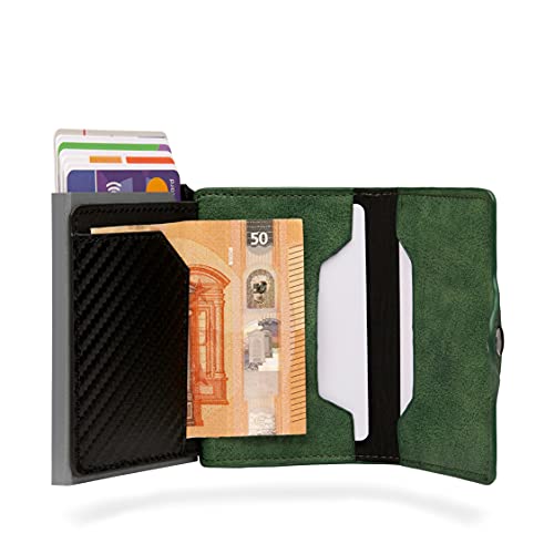 BEWMER-1 Billetera Pequeña Porta Tarjetas para Hombre y Mujer | Cartera Tarjetero con Protección RFID y Pinza para Billetes de Fibra de Carbono | DISEÑO Italiano Verde