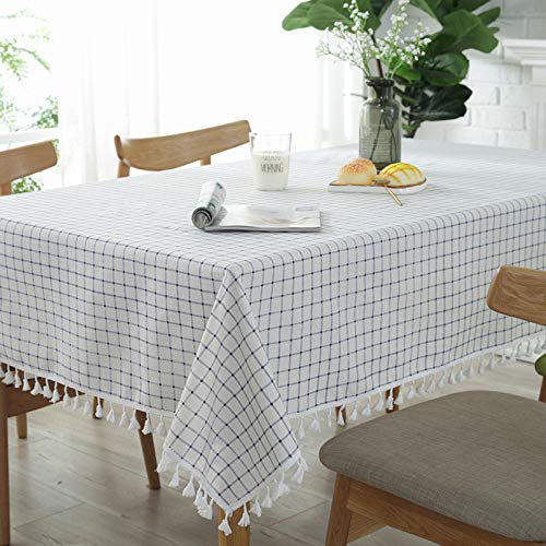 BH-JJSMGS Línea Blanca línea Azul algodón Grueso y Lino, Tela de Mesa de Borla de celosía Rejilla Blanca Azul 130 * 180 cm
