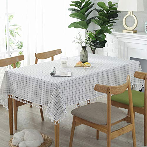 BH-JJSMGS Línea Blanca línea Azul algodón Grueso y Lino, Tela de Mesa de Borla de celosía Rejilla Blanca Azul 130 * 180 cm