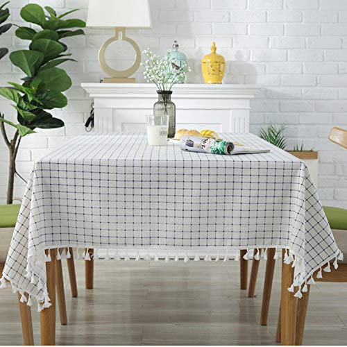 BH-JJSMGS Línea Blanca línea Azul algodón Grueso y Lino, Tela de Mesa de Borla de celosía Rejilla Blanca Azul 130 * 180 cm