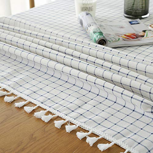 BH-JJSMGS Línea Blanca línea Azul algodón Grueso y Lino, Tela de Mesa de Borla de celosía Rejilla Blanca Azul 130 * 180 cm