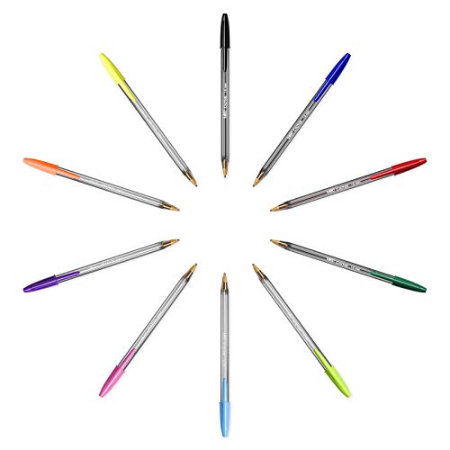 BIC Cristal Bolígrafos de Colores, Multicolor, Punta Ancha (1,6mm), Material Oficina, Blíster de 10 Bolis