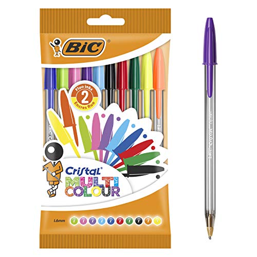 BIC Cristal Bolígrafos de Colores, Multicolor, Punta Ancha (1,6mm), Material Oficina, Blíster de 10 Bolis