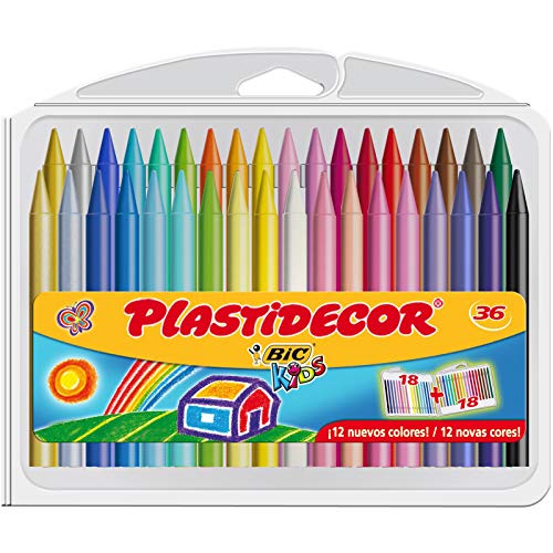 BIC Kids Ceras de Colores para Niños, Plastidecor, Colores Surtidos, Óptimo Para Colorear y Dibujar, Material Escolar, 36 Ceras