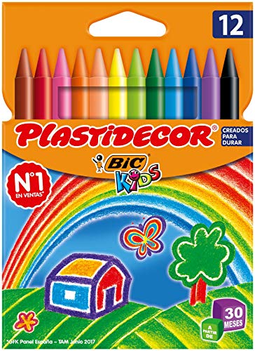 BIC Kids Plastidecor - Ceras para colorear, antimanchas para actividades creativas en casa y el colegio, blíster de 12 unidades, colores surtidos