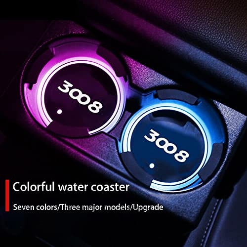 BICCQ Estera del portavasos del Coche Soporte de montaña Luminoso de Copa de Coches 7 Colorido Coche LED Atmósfera Lámpara de Logotipo de luz Compatible con Peugeot 3008 Mk1 mk2