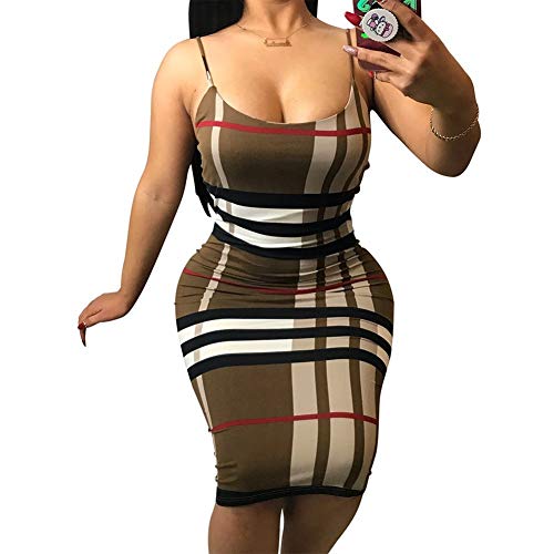 Bigbarry Relax Vestido Atractivo De La Correa Redonda Sin Mangas De Cuello Halter Falda A Cuadros De La Cadera del Paquete Casual (Color : Khaki, Size : L)