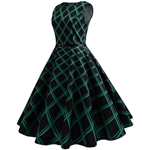 Bigbarry Relax Vestido Vestido Grande del Oscilación De La Cintura De La Falda A Cuadros con Cinturón Casual (Color : Green, Size : S)