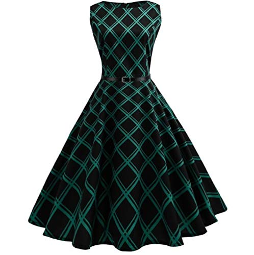 Bigbarry Relax Vestido Vestido Grande del Oscilación De La Cintura De La Falda A Cuadros con Cinturón Casual (Color : Green, Size : S)