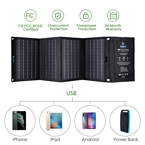 BigBlue 28W Cargador Panel Solar (5V/4.8A Total Máximo) Impermeable Placa Solar Plegable con 3 USB Puertos para Móviles, Tablets, GoPro y Otros Dispositivos Digitales