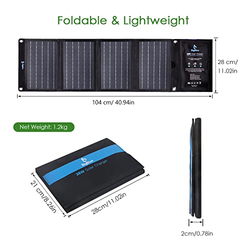 BigBlue 28W Cargador Panel Solar (5V/4.8A Total Máximo) Impermeable Placa Solar Plegable con 3 USB Puertos para Móviles, Tablets, GoPro y Otros Dispositivos Digitales