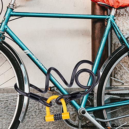 BIGLUFU Candado en U，U Lock Candado Bicicleta Acero Trenzado, Cierre de 12 mm de Grosor，antirrobo de Alta Seguridad，Soporte de Montaje Resistente y Recubierto de Vinilo Flexible (1.2m/4ft,Amarillo )