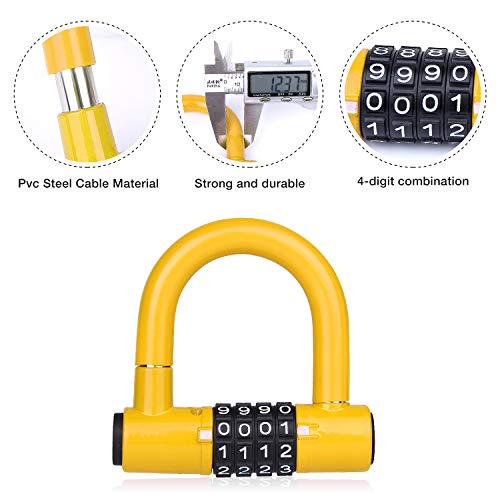 BIGLUFU Candado en U，U Lock Candado Bicicleta Acero Trenzado, Cierre de 12 mm de Grosor，antirrobo de Alta Seguridad，Soporte de Montaje Resistente y Recubierto de Vinilo Flexible (1.2m/4ft,Amarillo )