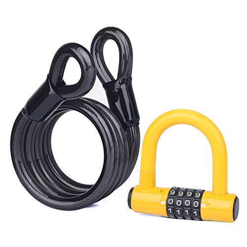 BIGLUFU Candado en U，U Lock Candado Bicicleta Acero Trenzado, Cierre de 12 mm de Grosor，antirrobo de Alta Seguridad，Soporte de Montaje Resistente y Recubierto de Vinilo Flexible (1.2m/4ft,Amarillo )