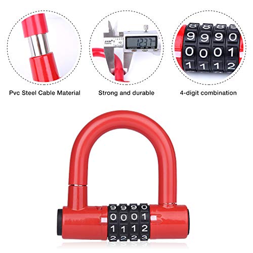 BIGLUFU Candado en U，U Lock Candado Bicicleta Acero Trenzado, Cierre de 12 mm de Grosor，antirrobo de Alta Seguridad，Soporte de Montaje Resistente y Recubierto de Vinilo Flexible (1.2m/4ft,rojo )