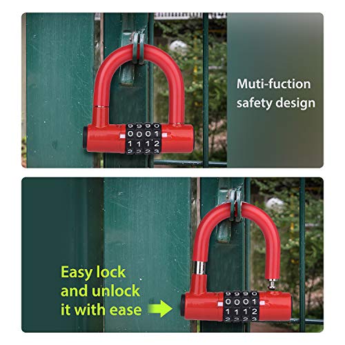 BIGLUFU Candado en U，U Lock Candado Bicicleta Acero Trenzado, Cierre de 12 mm de Grosor，antirrobo de Alta Seguridad，Soporte de Montaje Resistente y Recubierto de Vinilo Flexible (1.2m/4ft,rojo )