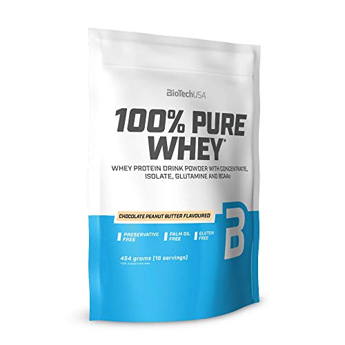 BioTechUSA 100% Pure Whey Complejo de proteína de suero, con aminoácidos añadidos y edulcorantes, sin conservantes, 454 g, Mantequilla de avellanas con chocolate