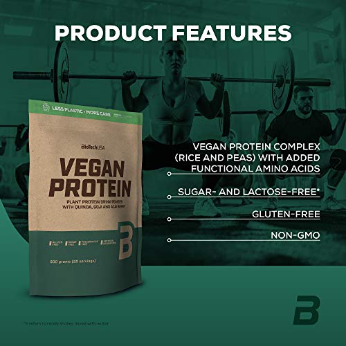 BioTechUSA Vegan Protein En polvo con sabor bebida a base de proteína vegetal, con bayas goji y acai en polvo, harina de quínoa, 500 g, Maní