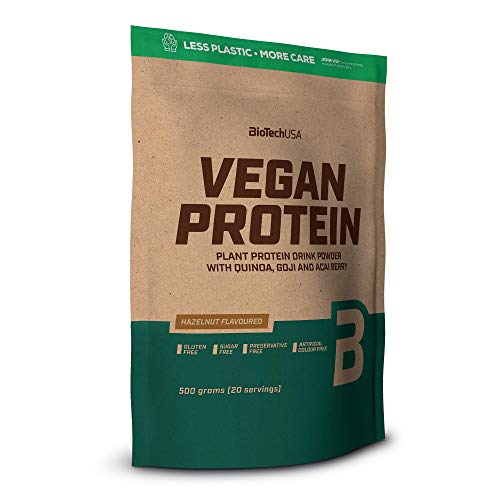 BioTechUSA Vegan Protein En polvo con sabor bebida a base de proteína vegetal, con bayas goji y acai en polvo, harina de quínoa, 500 g, Maní