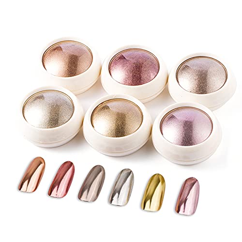 BISEHNGYF 6 Cajas Polvo de Uñas de Cromo, De Polvos Efecto Espejo Para Manicura Y Nail Art Rosa / Oro / Cromo Brillo Y Microperlas.