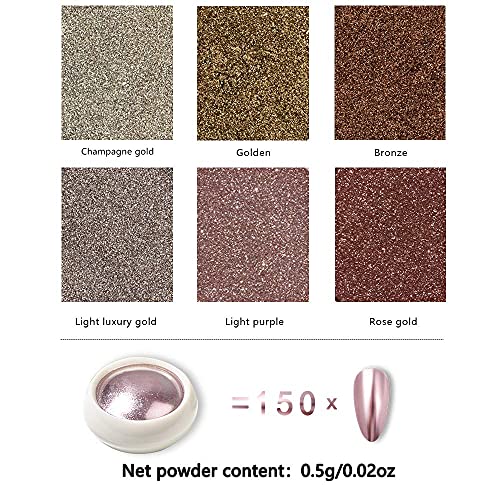 BISEHNGYF 6 Cajas Polvo de Uñas de Cromo, De Polvos Efecto Espejo Para Manicura Y Nail Art Rosa / Oro / Cromo Brillo Y Microperlas.