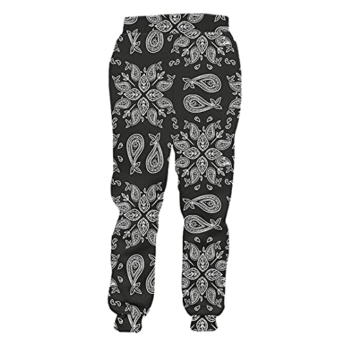 BLACKHEI Hombres Jogging 3D Pantalones Negro Paisley Patrones Impreso Casual Deportivo Pantalones, Bandana Paisley, 34-37