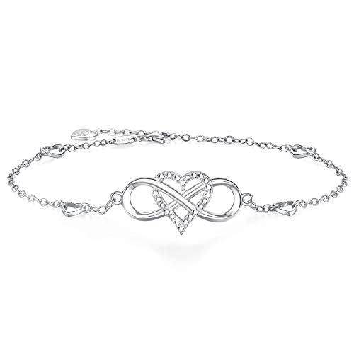 BlingGem Tobilleras para Mujer Plata 925 Chapado en Oro Blanco con Cubic Zirconia Redonda Infinito Corazón Pulsera de tobillo