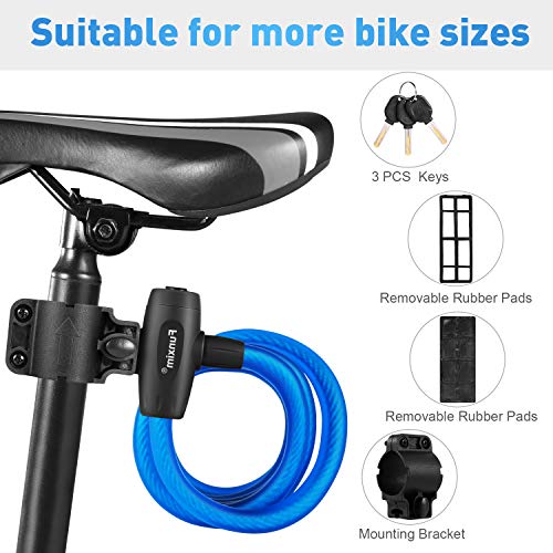 Bloqueo de la bicicleta 180 cm / 12 mm con 3 piezas de llave y cable de metal, candado para bicicleta, carga pesada, combinación segura con soporte de montaje para bicicleta triciclo scooter Azul