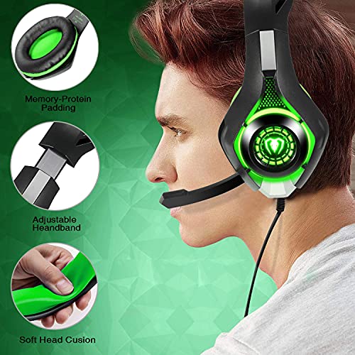 BlueFire Cascos Gaming, Auriculares Gaming PS4 con Micrófono Mac Estéreo Juego Gaming Jack 3,5mm LED Bajo Ruido Compatible con PC/Xbox One/Móvil (Verde)