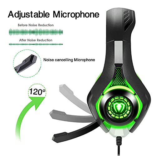 BlueFire Cascos Gaming, Auriculares Gaming PS4 con Micrófono Mac Estéreo Juego Gaming Jack 3,5mm LED Bajo Ruido Compatible con PC/Xbox One/Móvil (Verde)