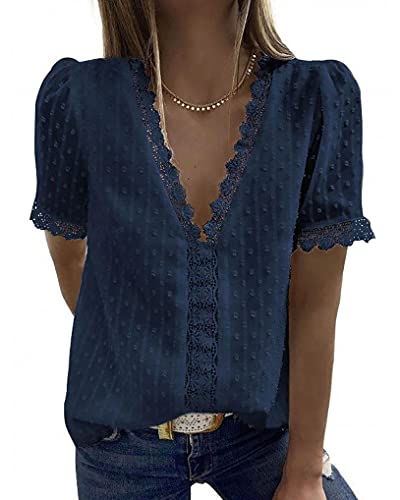 Blusas de Mujer Elegantes,Camiseta Casual de Manga Corta con Encaje de Moda para Mujer Camiseta Casual de Jacquard de Manga Corta Cuello en V (Azul, XL)