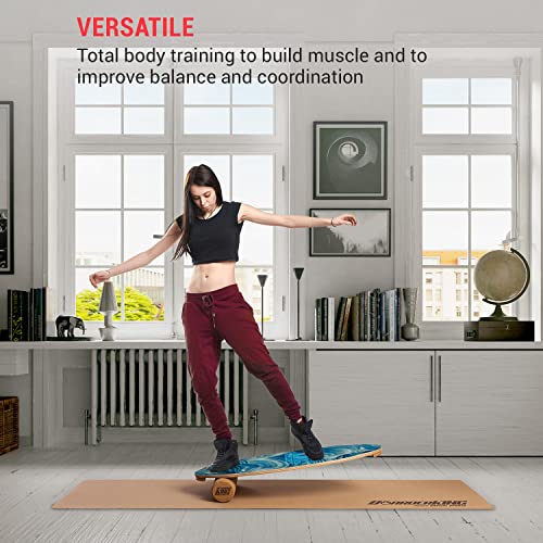 BoarderKING Indoorboard Allrounder - Tabla de equilibrio, Forma ovalada, Madera de arce, Recubierto de plástico, Esterilla y rodillos de corcho, Topes desmontables, 40 x 15 x 84 cm, Olas