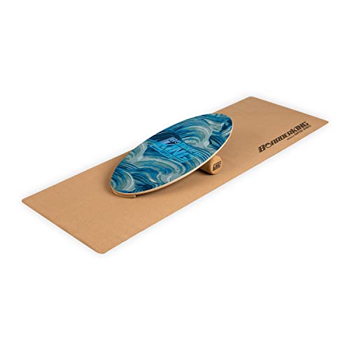 BoarderKING Indoorboard Allrounder - Tabla de equilibrio, Forma ovalada, Madera de arce, Recubierto de plástico, Esterilla y rodillos de corcho, Topes desmontables, 40 x 15 x 84 cm, Olas